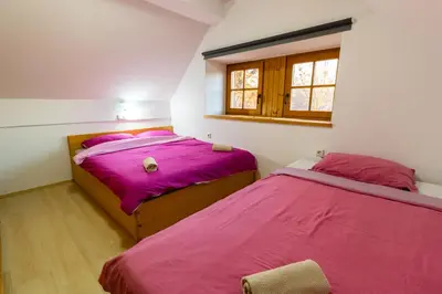 two beds in a room with pink sheets and a window at POČITNIŠKI APARTMAJI - Sunny apartment in Moravske Toplice in Moravske Toplice