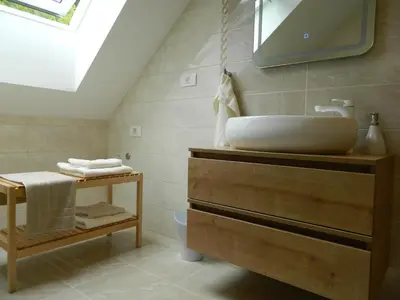 a bathroom with a sink and a tv on the wall at Domačija Loncnar in Bohinj