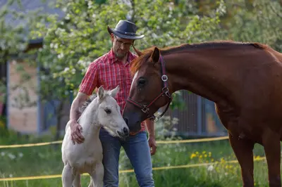 a man standing next to a brown horse and a white horse at Domačija Loncnar in Bohinj