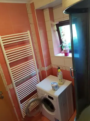 a small bathroom with a washing machine and a window at Apartments Lake Bohinj Medja in Bohinj