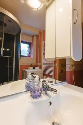 a bathroom with a white sink and a mirror at Apartments Lake Bohinj Medja in Bohinj