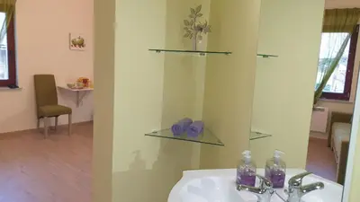 a bathroom with a sink and a mirror and a chair at Apartments Lake Bohinj Medja in Bohinj