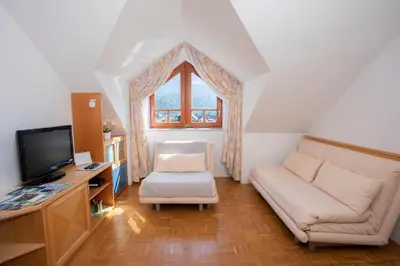 a living room with a couch and a tv at Apartment Tinka Kranjska Gora in Kranjska Gora