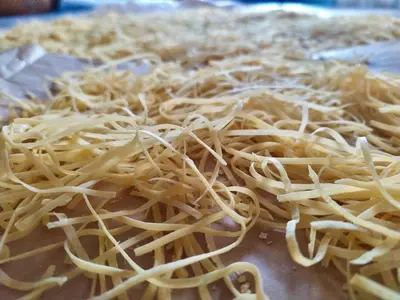 a pile of noodles sitting on top of a pizza at Tourist Farm Strle With Great Local Food in Cerknica