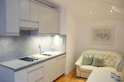 a kitchen with a sink and a couch in a room at ApartHotel Vila Minka in Ljubljana
