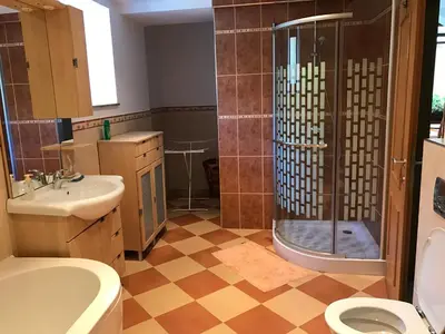 a bathroom with a shower and a toilet and a sink at Bled Home in Bled