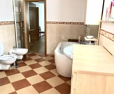 a bathroom with a tub and a toilet and a sink at Bled Home in Bled