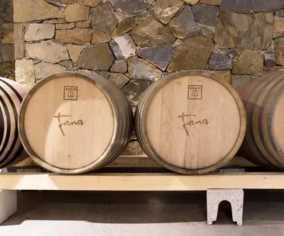 three wooden barrels on a table in front of a stone wall at Fana Estate in Dobrovo