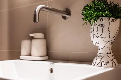 a plant in a vase sitting on top of a sink at Fana Estate in Dobrovo