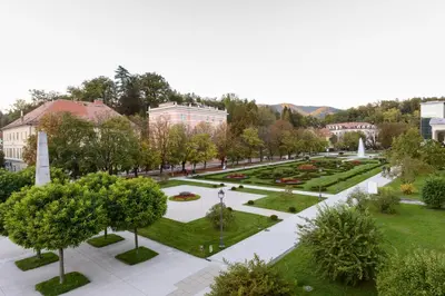 an aerial view of a park with a fountain at Hotel Zagreb - Health & Beauty in Rogaška Slatina