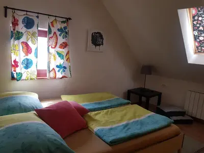 a bedroom with two beds with colorful blankets at Thirsty River Rooms in Bovec