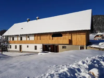 a large wooden building with a snow covered roof at Apartments Arh in Bohinjska Bistrica