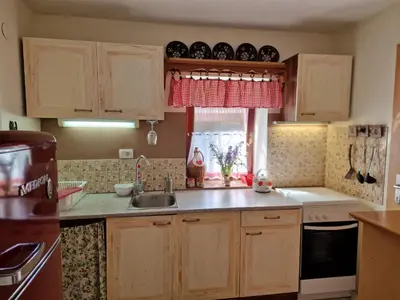 a kitchen with wooden cabinets and a sink and a window at Zajček Apartma in Mojstrana
