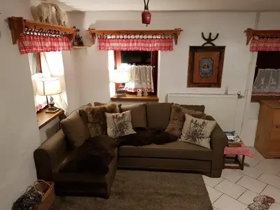 a living room with a brown couch and a window at Zajček Apartma in Mojstrana