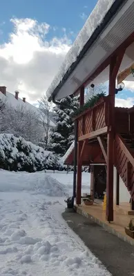 a house covered in snow with a snow covered yard at Zajček Apartma in Mojstrana