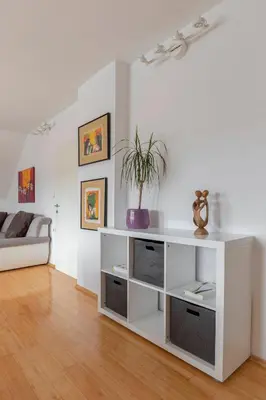 a white book shelf in a living room at Apartment Tati in Dol pri Ljubljani