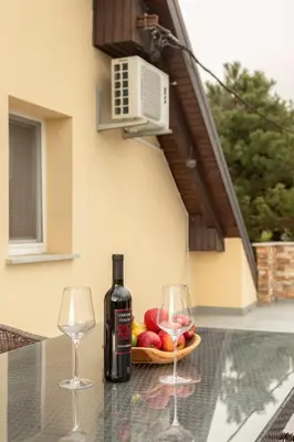 a bottle of wine and two glasses on a table at Apartment Tati in Dol pri Ljubljani