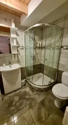 a bathroom with a shower and a toilet and a sink at Romantic Apartments Sweet Baci in Maribor