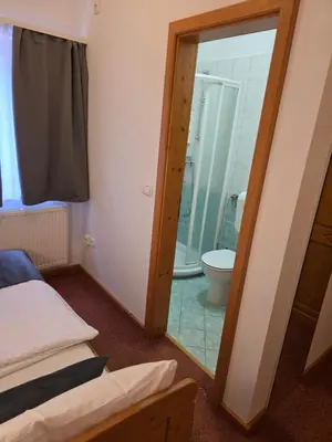 a bedroom with a mirror and a bathroom with a toilet at Hotel Rakov Skocjan in Cerknica