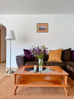 a living room with a coffee table and a couch at Apartments Žnidar in Spodnje Gorje
