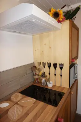 a kitchen with a stove and a flower on the wall at Valley View Apartment in Kambreško
