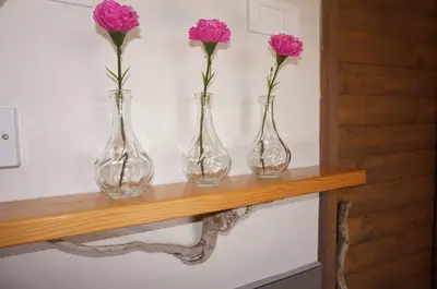 three vases sitting on a table with flowers in them at Valley View Apartment in Kambreško