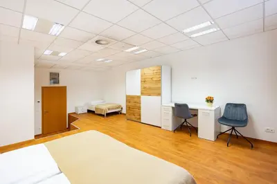 a room with a bed and a desk and two chairs at Garni Hotel Azul in Kranj