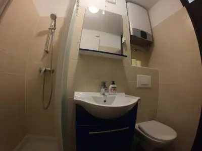 a bathroom with a sink and a toilet and a shower at Monolocale Belvedere in Bovec
