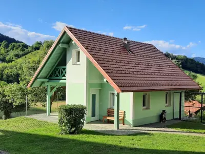a small green and white house with a dog at Holiday Home Neokrnjena Narava in Sevnica