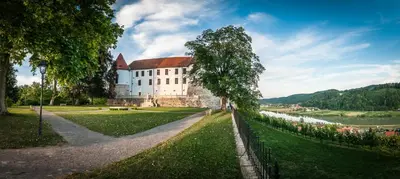 a large white building with a tree next to a river at Holiday Home Neokrnjena Narava in Sevnica