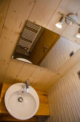 a bathroom with a sink and a mirror at Apartmaji Rajska Ptica in Bled