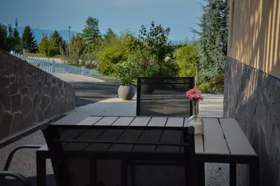 a table with a vase of flowers on a patio at Farm Stay Zevnik in Brežice