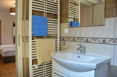 a bathroom with a sink and a mirror at Farm Stay Zevnik in Brežice