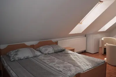 a bedroom with a bed in a room with a roof at Farm Stay Zevnik in Brežice