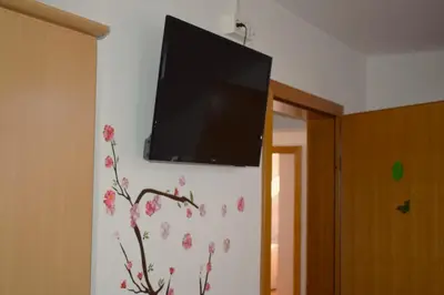 a flat screen tv on a wall with flowers on it at Farm Stay Zevnik in Brežice