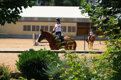 a woman riding a horse in an arena at Farm Stay Zevnik in Brežice