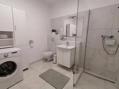 a white bathroom with a washing machine and a sink at Apartment Mario in Ptuj