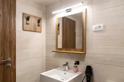 a bathroom with a sink and a mirror at Vila Marin Miler in Prevalje