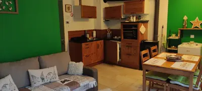 a living room with a couch and a kitchen with green walls at Planika B&M in Bohinj