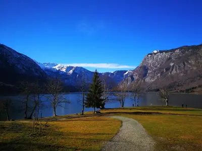 a path leading to a lake with mountains in the background at Planika B&M in Bohinj