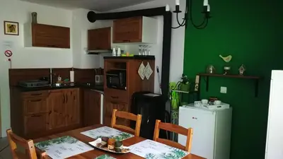 a kitchen with a table and a green wall at Planika B&M in Bohinj