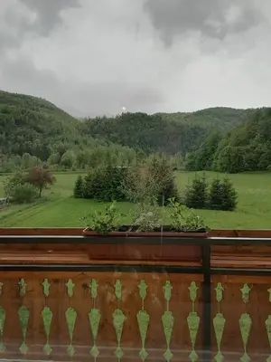 a balcony with a view of a green field at Apartment House Andrej in Bohinj