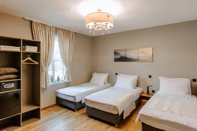a bedroom with two beds and a chandelier at Rooms VERDE in Petrovče