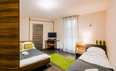 a small bedroom with two beds and a television at Rooms VERDE in Petrovče