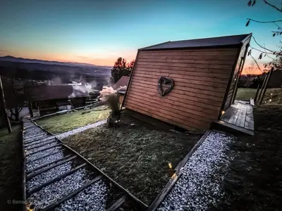 a dog standing next to a small building at Panorama Glamping Visole in Slovenska Bistrica