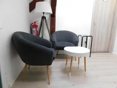 two chairs and a table in a room at Evi Rooms Ljubljana in Ljubljana