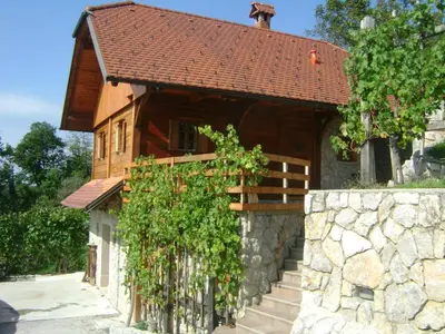 a house with a stone wall and a fence at Vineyard cottage Zidanca med vinogradi in Otočec