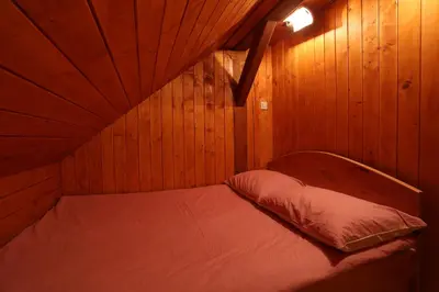 a bedroom with a bed in a wooden cabin at Vineyard cottage Zidanca med vinogradi in Otočec
