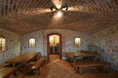 a room with wooden tables and a ceiling at Vineyard cottage Zidanca med vinogradi in Otočec