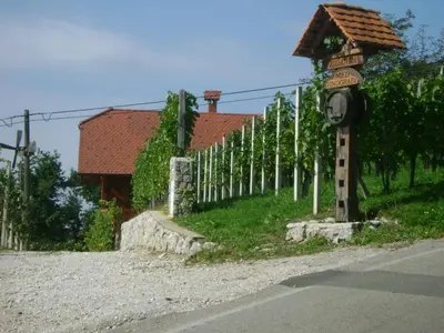 a sign on the side of a road next to a fence at Vineyard cottage Zidanca med vinogradi in Otočec